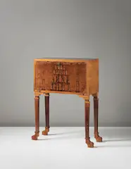 Carl Hörvik, Important and rare secretaire, 1926, Rosewood-veneered wood, rosewood, burr elm-veneered wood, oak-veneered wood, satinwood-veneered wood, brass, gilded leather