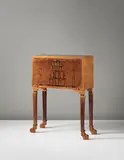 Carl Hörvik, Important and rare secretaire, 1926, Rosewood-veneered wood, rosewood, burr elm-veneered wood, oak-veneered wood, satinwood-veneered wood, brass, gilded leather