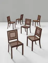 Carl Hörvik, Important and rare set of six dining chairs, designed for the architect Carl Åkerblad, Stockholm, 1923, Ebonised painted birch, cane