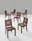 Carl Hörvik, Important and rare set of six dining chairs, designed for the architect Carl Åkerblad, Stockholm, 1923, Ebonised painted birch, cane