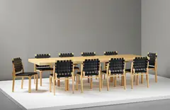 Extendable 'H Leg' dining table, circa 1956 and ten dining chairs, model no. 612 by Alvar Aalto, 1960s, Table: birch laminated wood, birch, painted metal; chairs: birch, leather, sold Sep 2014