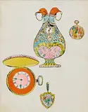 Andy Warhol, Watches, Clocks and Mirror, circa 1954, watercolour and ink on paper