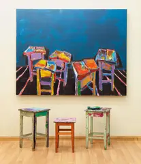 Mikhailo Deyak, Stools, 2011, oil, acrylic on canvas, wooden stools