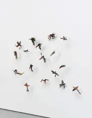 Brad Kahlhamer, Group of Birds, 2001, wire, leather, nails, staples, wood, rubber, pigment, fabric collage, feathers, plastic, ribbon (in 18 parts)