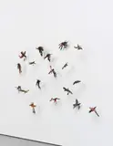 Brad Kahlhamer, Group of Birds, 2001, wire, leather, nails, staples, wood, rubber, pigment, fabric collage, feathers, plastic, ribbon (in 18 parts)