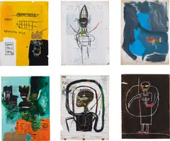 Chris Lipomi, Six works: '84 Olympics (Black Figure, Flexible, Rome Pays Off, Untitled, Blue Ribbon Series, Black Figure, Jump King, Scapula), 2007, acrylic and pen on newspaper