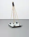 Jim Lambie, Salon Unisex, 2002, mirror, paint, tape, glove, bamboo, bangles, wood