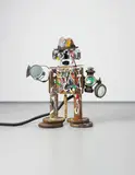 Nam June Paik, Robot, 1993, trilby hat, two antique cameras, antique radio body, lanterns, lights, Sony Watchman, Sony tv/radio, wood, acrylic, metal