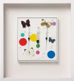 Damien Hirst, Happy, 2008, collage of syringe, butterflies, pills, resin, pencil and household gloss paint on canvas