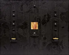 Sun Goddess by Rashid Johnson, 2009, black soap, wax, gold paint, rocks, VHS casettes, shea butter, LP sleeve, sold Oct 2013