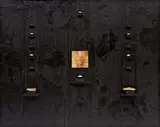 Rashid Johnson, Sun Goddess, 2009, black soap, wax, gold paint, rocks, VHS casettes, shea butter, LP sleeve