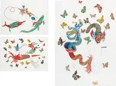 Raqib Shaw, Triptych: Untitled (squid, monkey, fish), 2007, rhinestones, enamel and graphite on paper