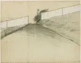 Christo, Running fence (Project for Sonoma County and Marin County, State of California), 1974, pencil, pen, fabric, card, gouache and staples on paper laid on board