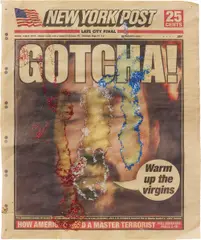Untitled (Gotcha) by Dash Snow, 2008, newspaper, artist's semen and glitter, sold Oct 2013