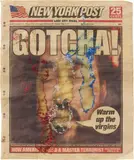 Dash Snow, Untitled (Gotcha), 2008, newspaper, artist's semen and glitter