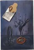 Daniel Spoerri, Br3 Flüssig feucht (Liquid moisture) (from the Trompe l'oeil series), 1961, condoms, packet, metal, elastic band, and oil on canvas