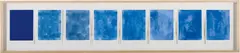 Jonathan Monk, 7 attempts at monoblue using my father old water colors, 2000, 7 watercolours, postcard