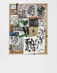 Josh Smith, Untitled, 2006, photographs, paper, card, oil, chalk, beer mats, pins on cork board