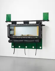 Ashley Bickerton, Antroposphere, 1990, anodized aluminium, wood, rubber, leather, glass and studio garbage