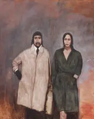 Axel Geis, Mann und Frau in Mänteln, 2005, oil on linen