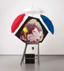 Lothar Hempel, Planet der einsamen Steine, 2007, three umbrellas, MDF, c-print, wood, paint, metal, wine glass, champagne bottle, light bulb, electrical components