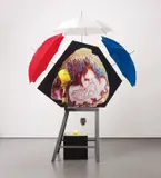 Lothar Hempel, Planet der einsamen Steine, 2007, three umbrellas, MDF, c-print, wood, paint, metal, wine glass, champagne bottle, light bulb, electrical components
