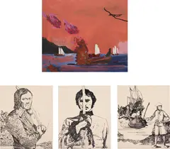 Whitney Bedford, Four works: (i) Sunset Sinking; (ii) L’Olonais; (iii) Crush; (iv) The Fancy, 2003-04, (i) ink, spray paint and oil on panel (ii), (iii), (iv) ink and spray paint on panel