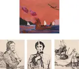Whitney Bedford, Four works: (i) Sunset Sinking; (ii) L’Olonais; (iii) Crush; (iv) The Fancy, 2003-04, (i) ink, spray paint and oil on panel (ii), (iii), (iv) ink and spray paint on panel