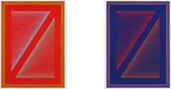 Richard Anuszkiewicz, Reflections VI - Fire Red; and Reflections VI - Deep Blue, 1979, The complete pair of two hand-painted multiples in colours, on gessoed masonite, the full sheets,