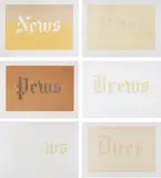 Ed Ruscha, News, Mews, Pews, Brews, Stews & Dues, 1970, The complete portfolio of six organic screenprints in colours, on Silverbrook Antique Finish paper, with full margins, with title page and colophon listing the ingredients used for each print,