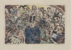 Masques intrigues by James Ensor, 1904, Etching finished with extensive hand-colouring by the artist, on simili cream Japan paper, with wide margins,, offered Dec 2013