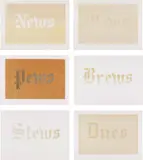 Ed Ruscha, News, Mews, Pews, Brews, Stews & Dues, 1970, The complete portfolio of six organic screenprints in colours, on Silverbrook Antique Finish paper, with full margins, with title page and colophon listing the ingredients used for each print,