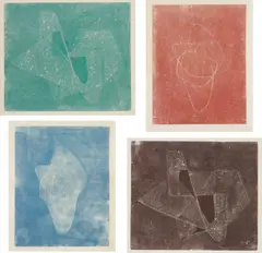 Naum Gabo, Opus 8; Opus 8; Opus 10; and Opus 10, circa 1969, Four monoprints in colours from professionally made end-grain block of Florida boxwood, on Japan paper, with full margins,