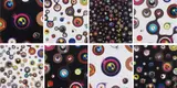 Jellyfish Eyes - White 1; Jellyfish Eyes - White 2; Jellyfish Eyes - White 3; Jellyfish Eyes - White 4; Jellyfish Eyes - Black 1; Jellyfish Eyes - Black 2; Jellyfish Eyes - Black 3; and Jellyfish Eyes - Black 5 by Takashi Murakami, 2004-2006, Eight offset lithographs in colours, on smooth wove paper, the full sheets,, sold Dec 2013