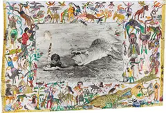 Peter Beard, I'll Write Whenever I Can, Koobi Fora, Lake Rudolf, Kenya, 1965, Gelatin silver print, printed 2000 with ink, paint, drawings by the artists Kivoi Mathenge, E. Mwangi Kuria and affixed photographs, magazine cuttings, leaves and feathers