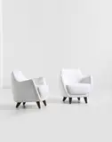 Gio Ponti, Pair of armchairs, designed for the First Class Ballroom of the ‘Augustus’ transatlantic ocean liner, 1950, Fabric, stained teak