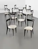 Luisa Parisi and Ico Parisi, Set of twelve dining chairs, circa 1955, Rosewood, fabric