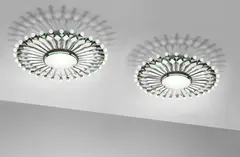 Max Ingrand, Pair of large chandeliers, model no. 2243 from the Hotel Savioli, Spiaggia, circa 1958, Nickel-plated brass, glass, painted metal