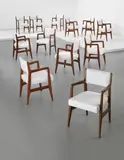 Gio Ponti, Set of twelve dining chairs, designed for the 'Augustus' transatlantic ocean liner, 1950, Stained teak, fabric