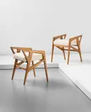 Gio Ponti, Pair of stools, 1950s, Walnut, fabric