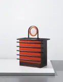 Rare 'Bastonio' chest of drawers with adjustable mirror by Ettore Sottsass, circa 1964, Drawers: stained wood, painted wood; mirror: mirrored glass, stained wood, painted wood, offered Apr 2013