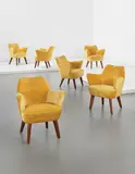 Gio Ponti, Set of six occasional chairs, designed for the 'Augustus' transatlantic ocean liner, 1950, Fabric, walnut