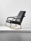 Jacques Adnet, Rocking chair, 1960s, Leather-covered metal, brass-plated tubular metal, painted metal