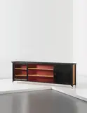 Jacques Adnet, Sideboard, circa 1959, Leather-covered wood, leather-covered tubular metal, leather, painted wood, brass, glass