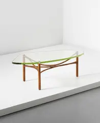 Coffee table by Louis Sognot, circa 1956, Cane-wrapped tubular metal, glass, offered Apr 2013