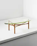 Louis Sognot, Coffee table, circa 1956, Cane-wrapped tubular metal, glass