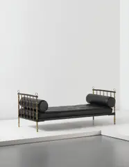 Daybed by Jacques Adnet, circa 1950, Tubular brass, brass, leather-covered steel, painted steel, leather, sold Apr 2013