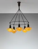 Poul Henningsen, Five-armed single 'Ring' chandelier, type 2/2 shades, circa 1931-1939, Amber glass shades, patinated tubular brass, patinated brass