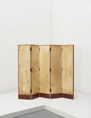 Five-panel screen by Jean-Michel Frank, circa 1929, Parchment-covered wood, mahogany, fruitwood, brass, sold Apr 2013