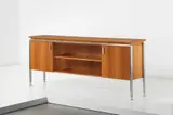 André Leleu and Jules Leleu, Sideboard, circa 1960, Fruitwood-veneered wood, chromium-plated steel